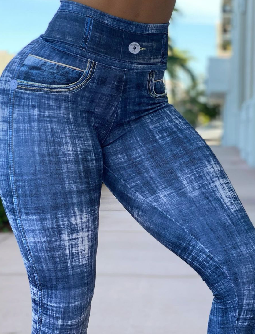 Distressed fake jean leggings.BrazilActiv